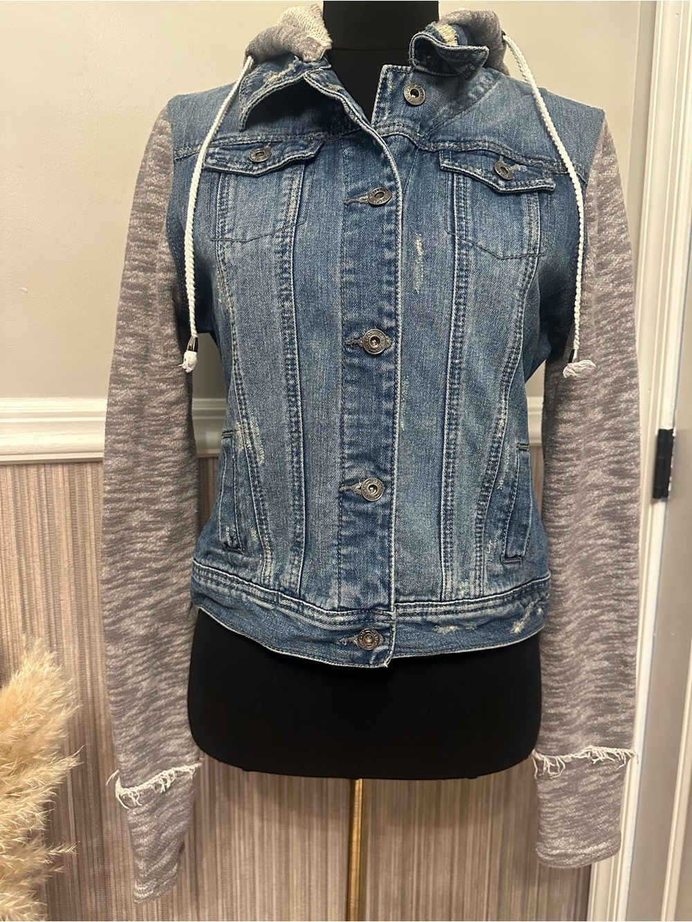Stetson Denim Jacket M Removable Hood Knit Sleeves Distressed Western